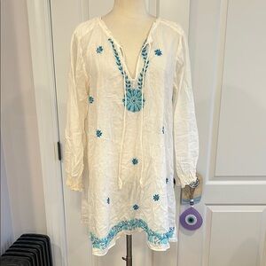 Samson Embroidered White and Blue Women's Tunic Top